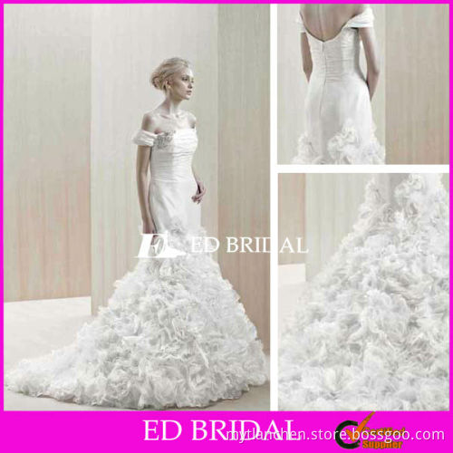 Mermaid Straight Ruched Bodice Organza Handmade Flower Crystal Applique Wedding Dresses With Off The Shoulder Straps